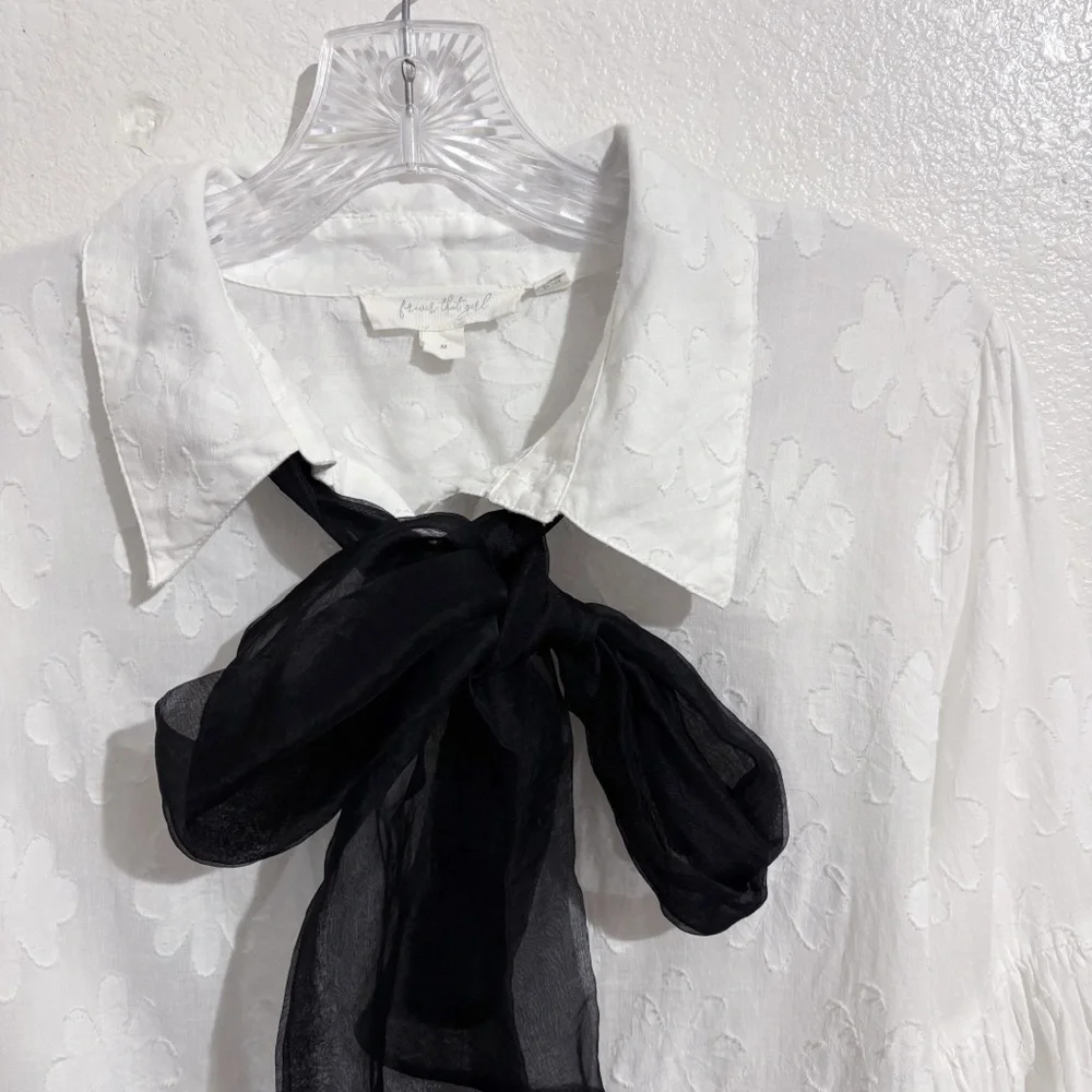 Anthropologie Forever That Girl Tie-Neck Long Sleeve Blouse in White & Black - Picture 8 of 11